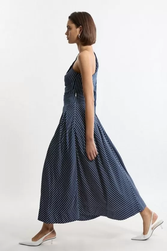 New Karen Millen d Cotton Pleated Woven Maxi Skirt stripe
