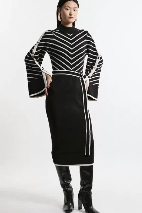 Sale Karen Millen Striped Viscose Blend Knit Belted Midi Dress mono