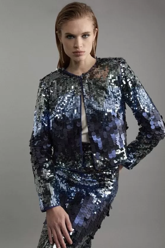 Flash Sale Karen Millen Strong Shoulder Disco Sequin Woven Cropped Jacket navy