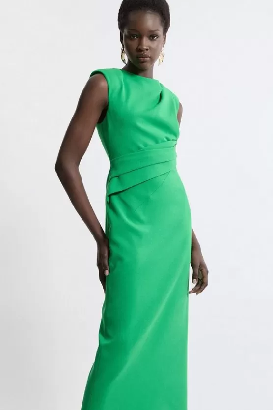 Clearance Karen Millen Structured Crepe Asymmetric Drape Waist Tailored Midi Dress brightgreen