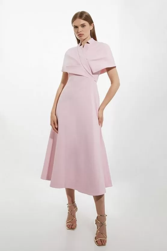 Flash Sale Karen Millen Structured Crepe Cape Detail Full Skirted Tailored Midi Dress fuchsia