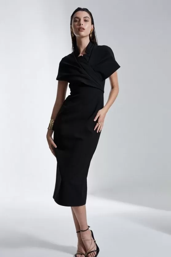 Hot Karen Millen Structured Crepe Cape Detail Midi Dress black