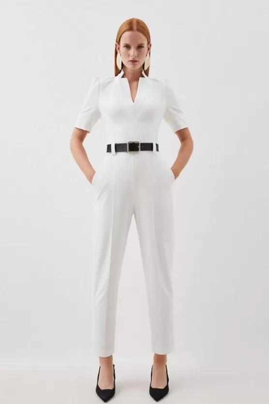 Outlet Karen Millen Structured Crepe Forever Belted Jumpsuit ivory