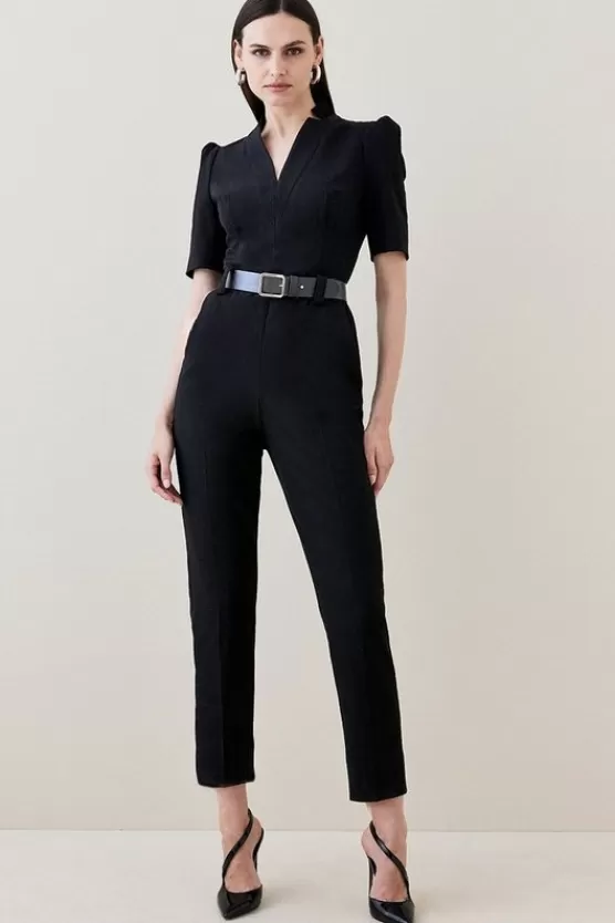 Clearance Karen Millen Structured Crepe Forever Belted Jumpsuit black