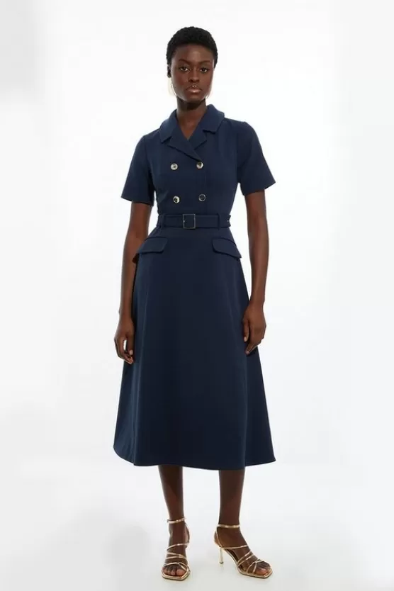 Hot Karen Millen Structured Crepe Full Skirted Maxi Tailored Shirt Dress navy