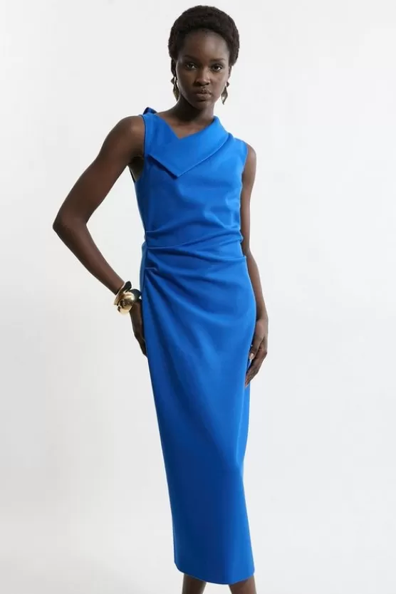 Shop Karen Millen Structured Crepe Full Skirted Tailored Asymmetrical Maxi Dress cobalt