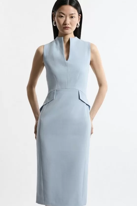 Store Karen Millen Structured Crepe High Neck Tailored Midi Pencil Dress dustyblue