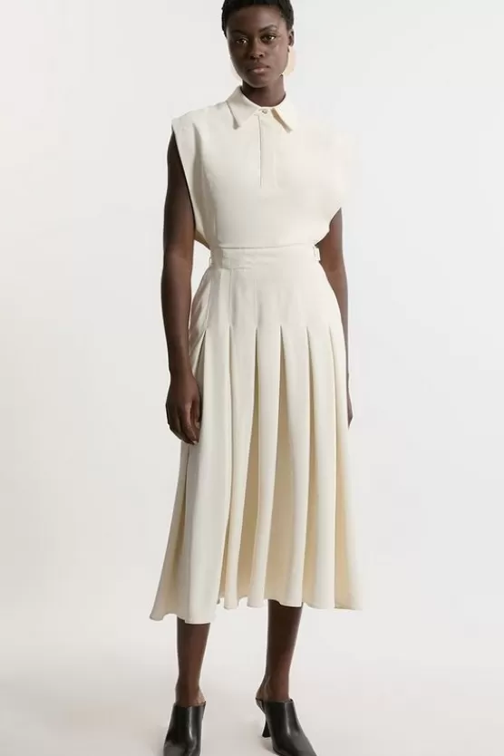 Clearance Karen Millen Structured Crepe Pleated Sleeveless Shirt Tailored Midi Dress ivory