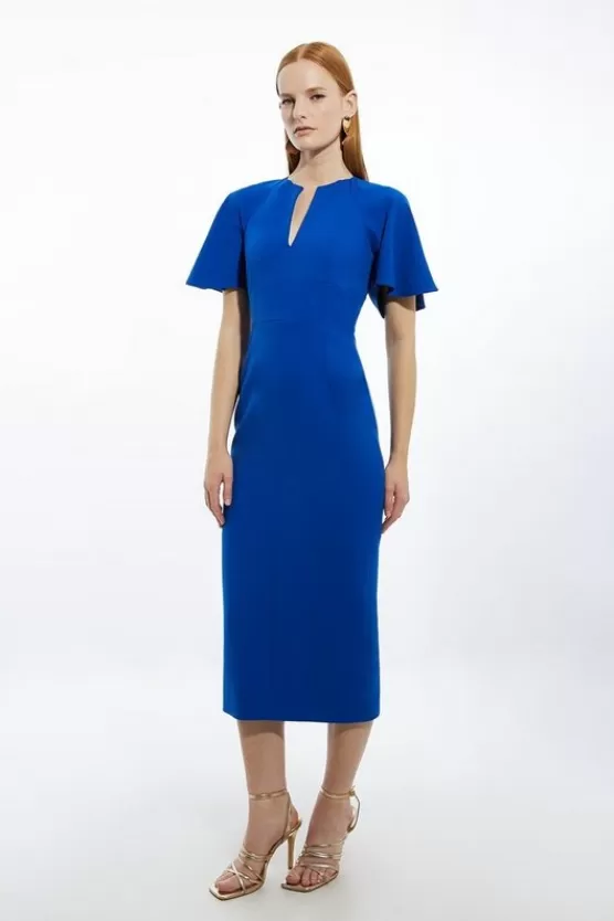 Cheap Karen Millen Structured Crepe Ruffle Sleeve Tailored Midi Pencil Dress cobalt