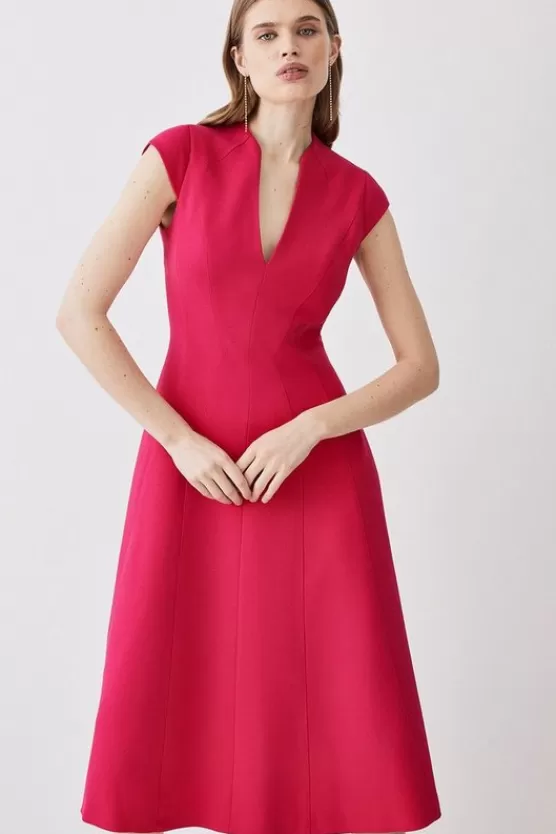 Discount Karen Millen Structured Crepe Seam Detail High Neck Full Skirt Midi Dress fuchsia