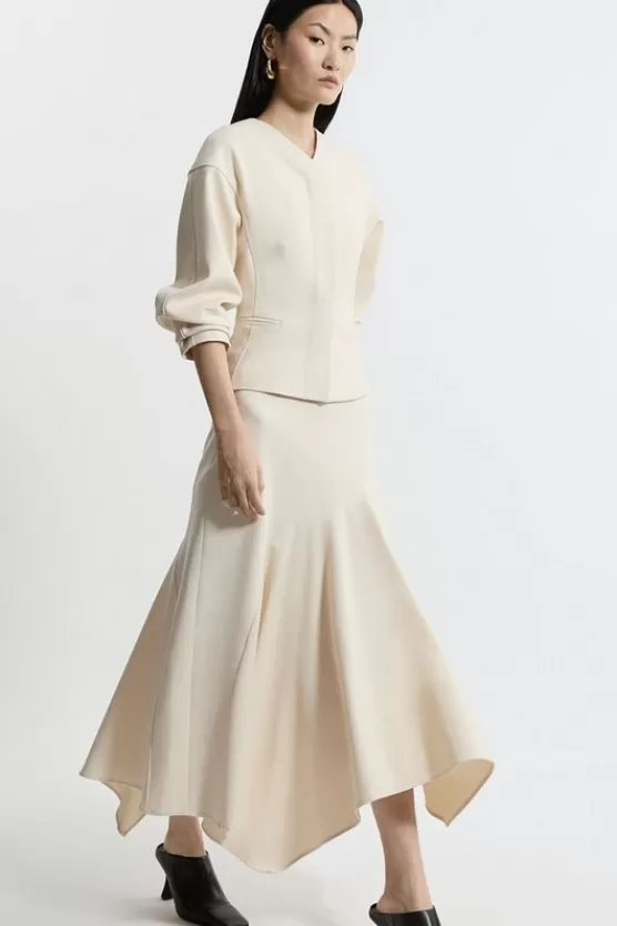 Online Karen Millen Structured Crepe Tailored Asymmetric Drape Midi Skirt neutral