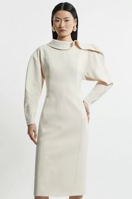 Fashion Karen Millen Structured Crepe Tailored Asymmetric Zip Neck Midi Dress stone