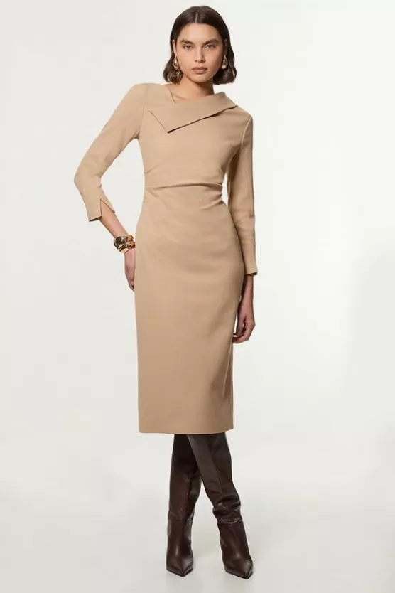 Discount Karen Millen Structured Crepe Tailored Asymmetrical Collared Fitted Midi Dress camel