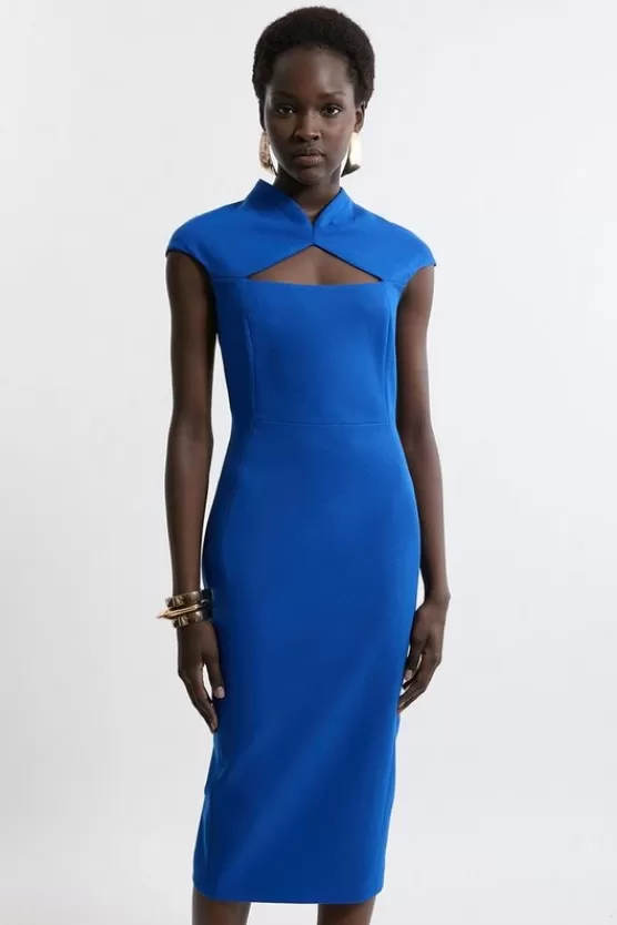 New Karen Millen Structured Crepe Tailored Cape Pencil Midi Dress cobalt