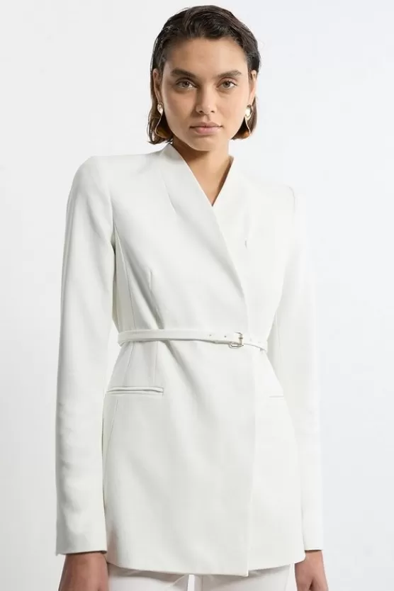 Fashion Karen Millen Structured Crepe Tailored Collarless Belted Blazer ivory