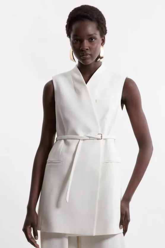 Best Sale Karen Millen Structured Crepe Tailored Collarless Belted Sleeveless Blazer ivory