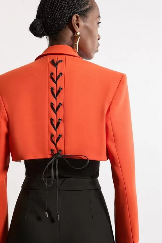 Online Karen Millen Structu Crepe Tailo Corset Back Notch Neck Cropped Blazer red
