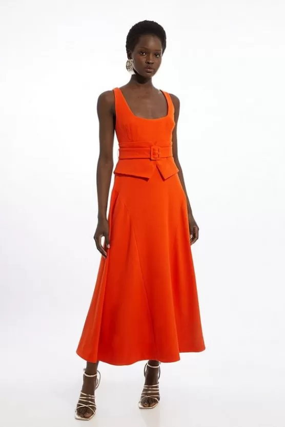 Hot Karen Millen Structu Crepe Tailo Full Skirted Panel Belted Midi Dress red