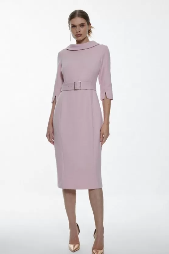 Shop Karen Millen Structured Crepe Turtleneck Pencil Midi Dress blush