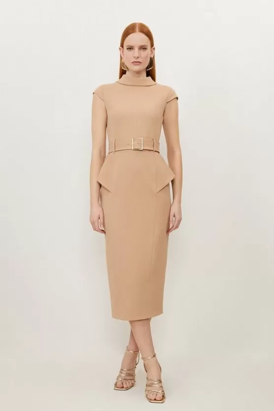 Best Sale Karen Millen Structured Crepe Turtleneck Peplum Belted Midi Dress camel