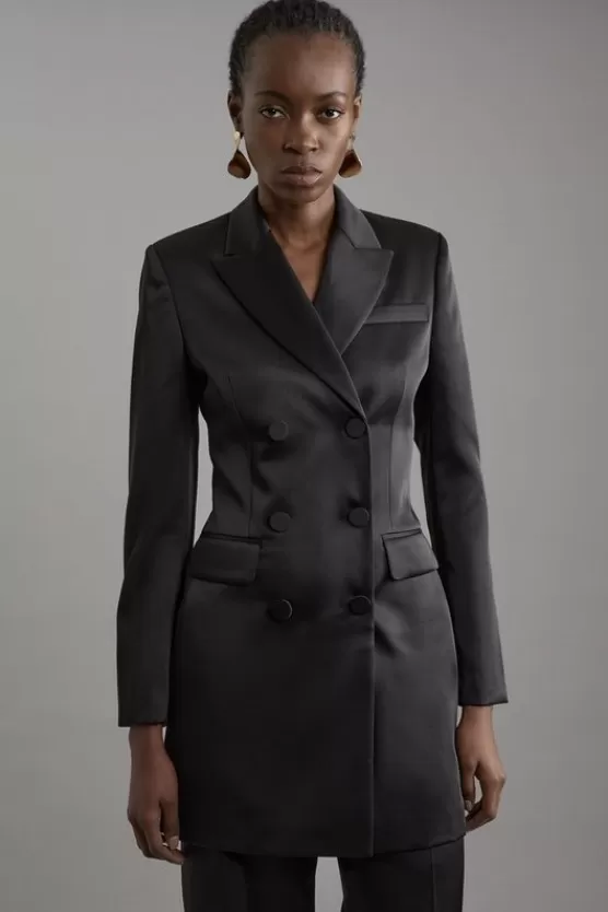New Karen Millen Structured Viscose Satin Tailored Double Breast Jacket black