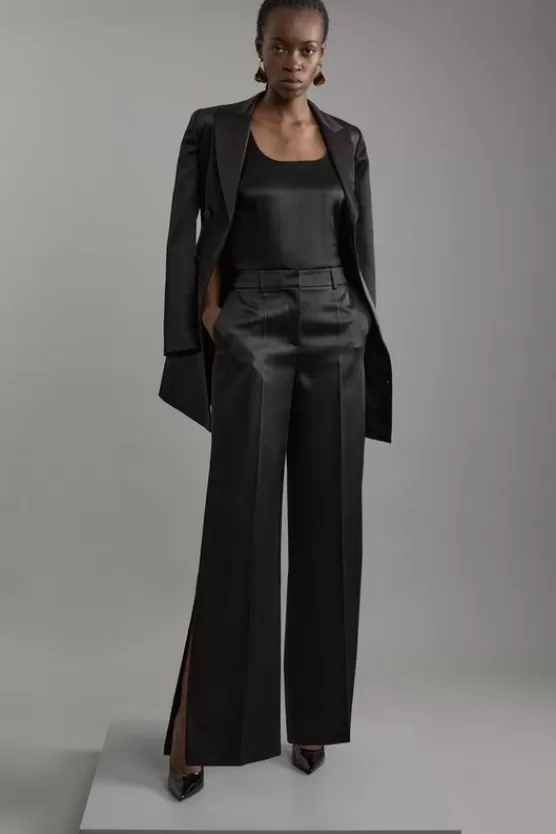 Discount Karen Millen Structured Viscose Satin Tailored Wide Leg Pants black