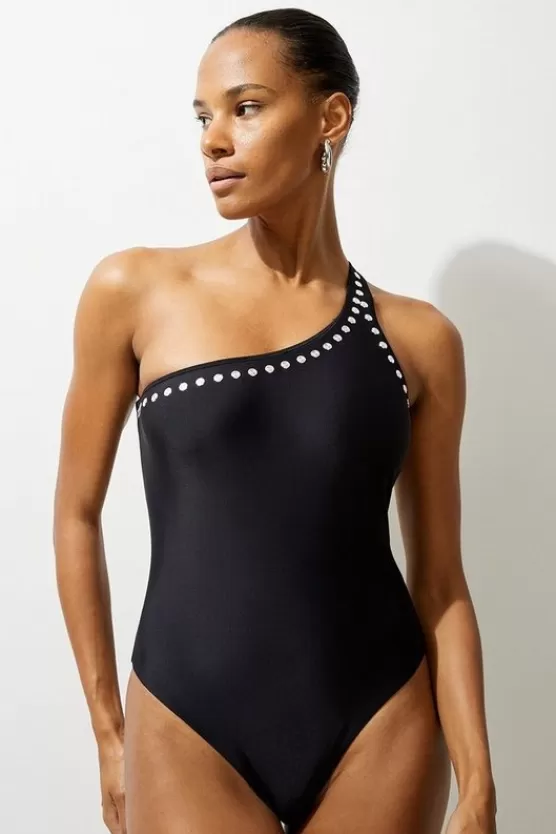 Online Karen Millen Stud Detail One Shoulder Swimsuit black