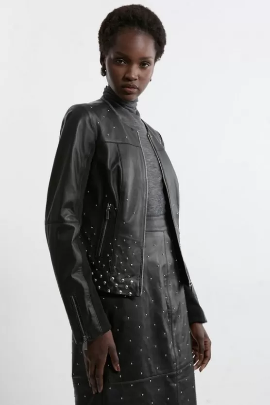 Store Karen Millen Studded Leather Collarless Moto Jacket black