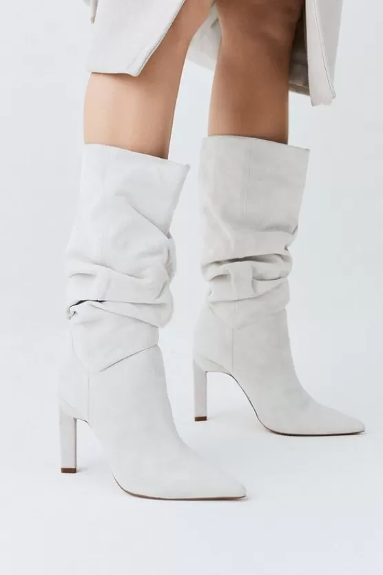 Sale Karen Millen Suede Mid Calf Slouch Heeled Boot cream