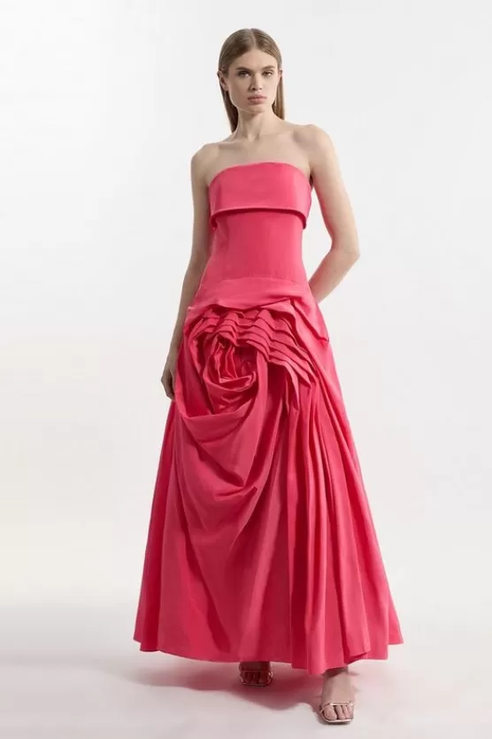 Outlet Karen Millen Taffeta Bandeau Tailored Rosette Pleat Maxi Dress hotpink