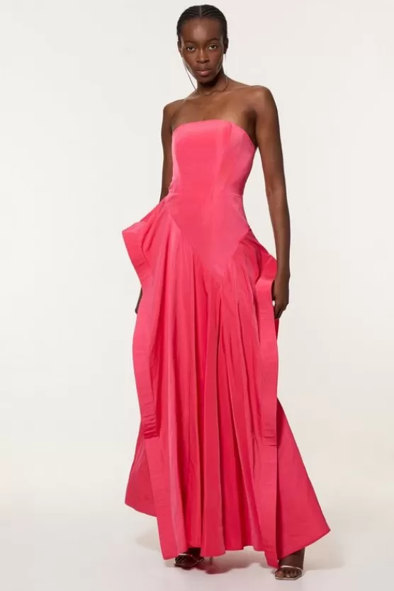 New Karen Millen Taffeta Drama Sculptural Tailored Maxi Dress hotpink