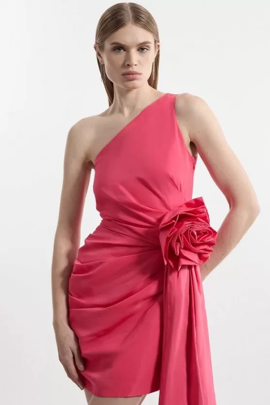 Sale Karen Millen Taffeta One Shoulder Tailored Rosette Drape Mini Dress hotpink