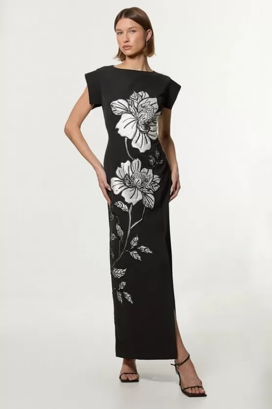 New Karen Millen Tailored Applique Satin Beaded Maxi Dress black