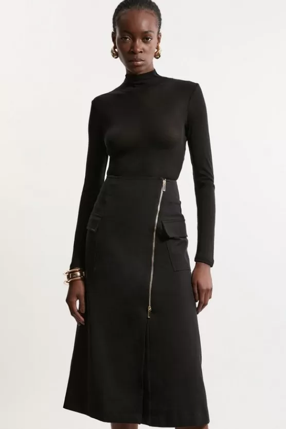 Shop Karen Millen Tailored Asymmetric Wrap Zip Midi Skirt black