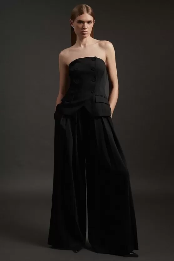 Hot Karen Millen Tailored Bandeau Double Breasted Bodice Pleated Wide Leg Jumpsuit black