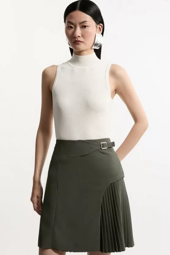 Cheap Karen Millen Tailored Buckle Detail Pleated Mini Skirt khaki