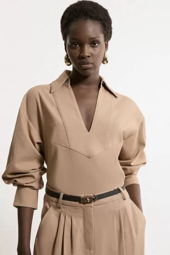 Cheap Karen Millen Tailored Collared Long Sleeve Shirt camel