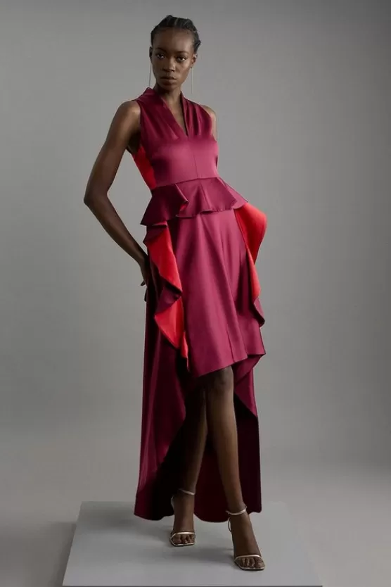 Hot Karen Millen Tailored Color Block Ruffled Midaxi Dress multi