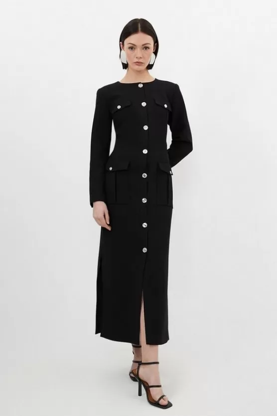 Cheap Karen Millen Tailored Compact Stretch Button Through Midi Dress black