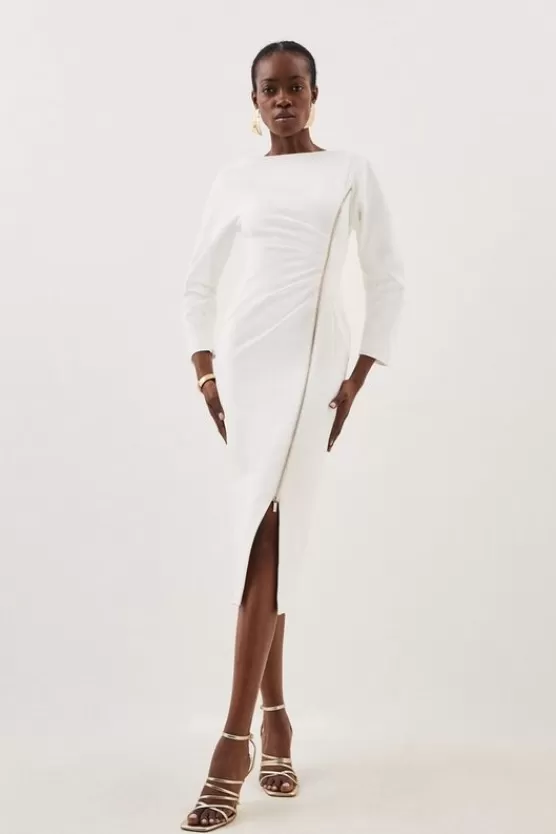 Hot Karen Millen Tailored Compact Stretch Round Sleeve Ruched Midi Dress ivory