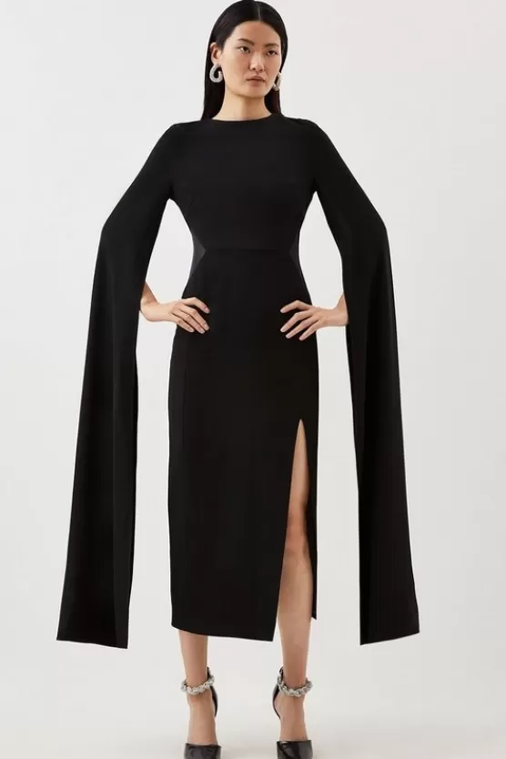 Clearance Karen Millen Tailored Compact Stretch Viscose Cape Mesh Panel Midi Dress black