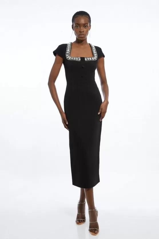 Hot Karen Millen Tailored Compact Viscose Stretch Embellished Cap Sleeve Midi Dress black