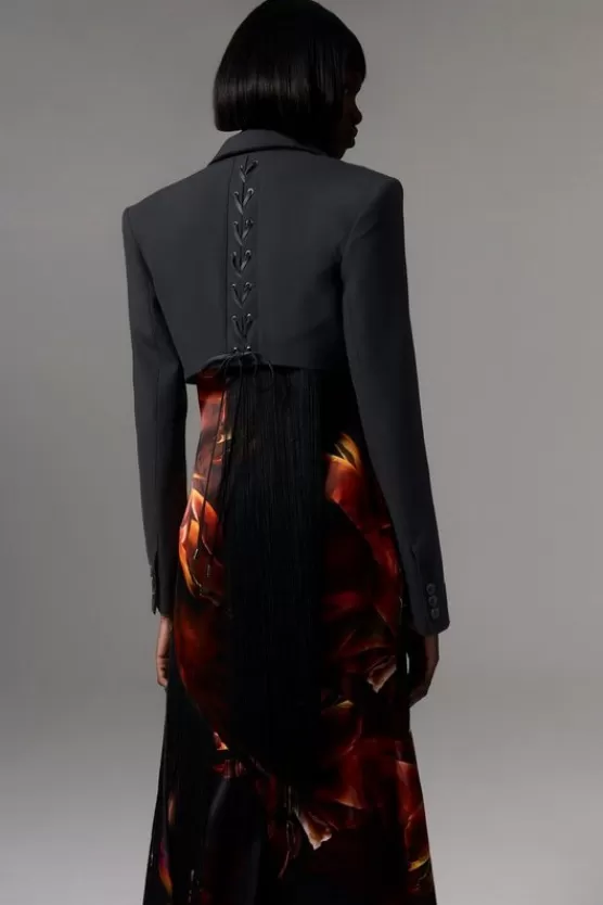 Clearance Karen Millen Tailored Corset Back Notch Neck Cropped Blazer black