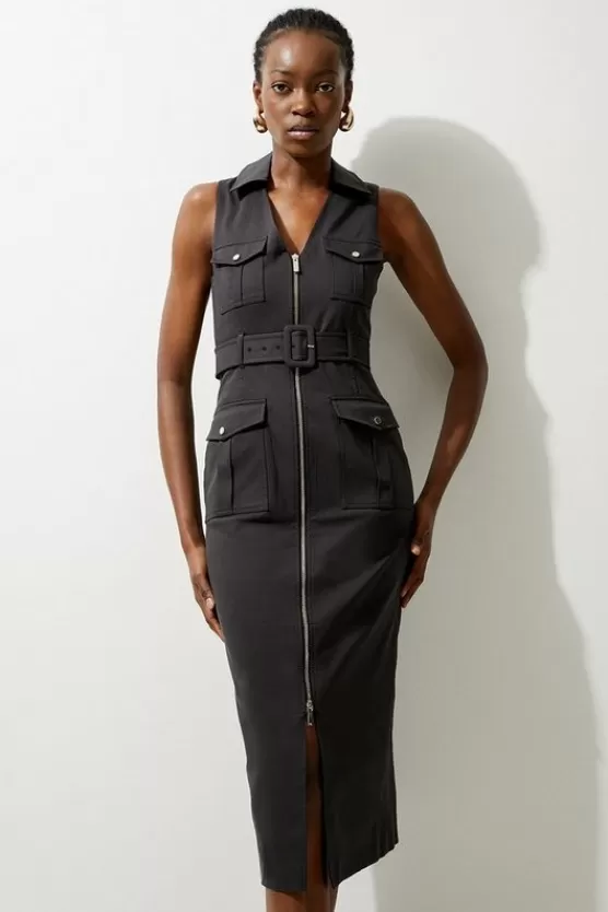 Outlet Karen Millen Tailored Cotton Belted Cargo Pocket Midi Shirt Dress black