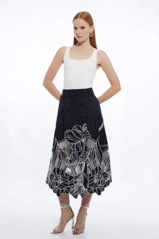 Online Karen Millen Tailored Cotton Cutwork Embroidered Belted Midi Skirt navy