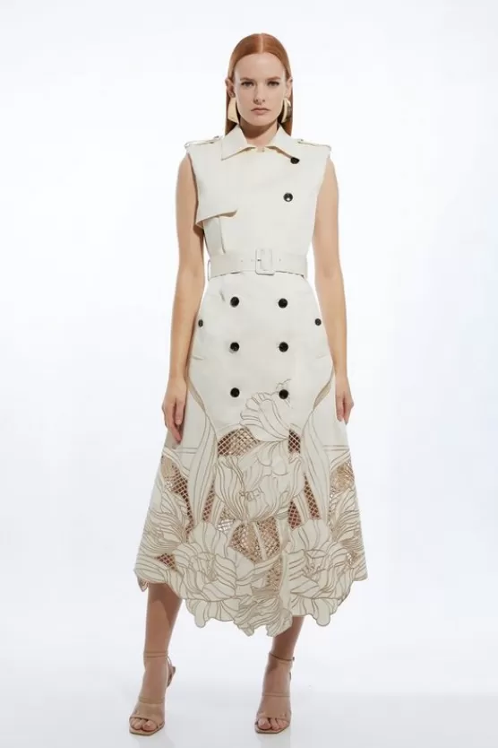 Shop Karen Millen Tailored Cotton Cutwork Embroidered Belted Trench Style Midaxi Dress ivory