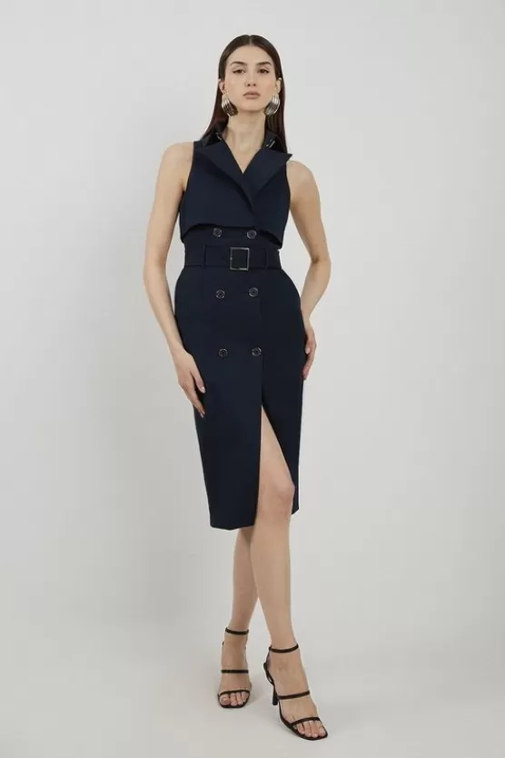 Clearance Karen Millen Tailored Cotton Double Breasted Storm Flap Detail Midi Shirt Dress navy