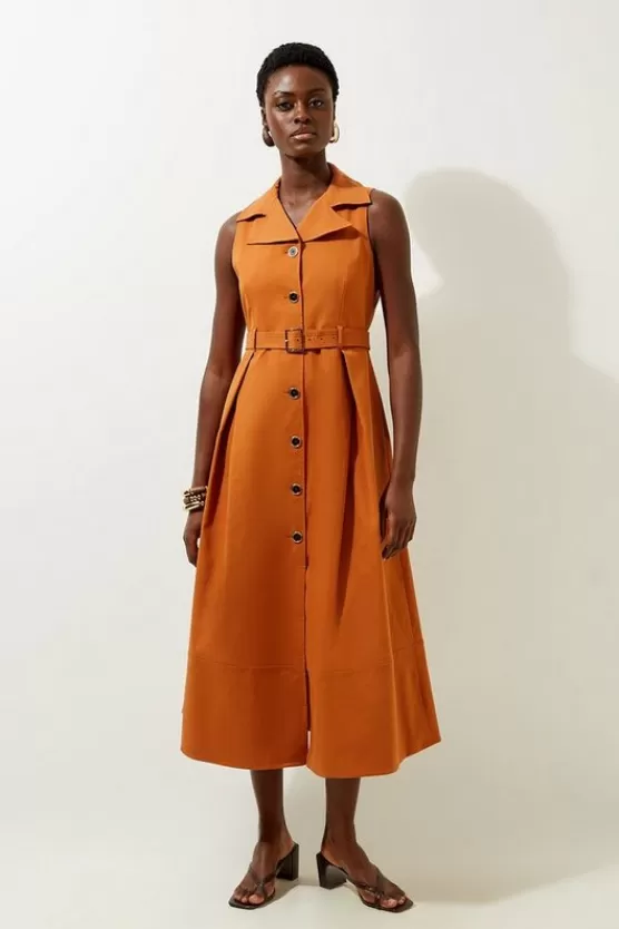Best Sale Karen Millen Tailored Cotton Halter Neck Belted Full Skirted Shirt Dress lightstone