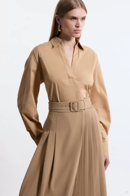 Store Karen Millen Tailored Cotton Open Neck Shirt camel