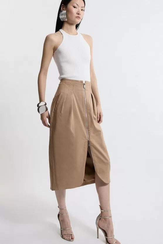 Outlet Karen Millen Tailored Cotton Pocket Midi Skirt camel